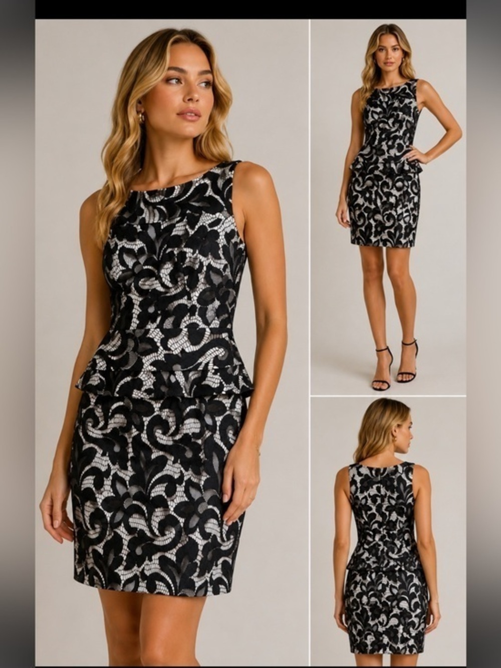 Milly New York Black & White Lace Peplum Cocktail Dress Size 4 Made in USA
